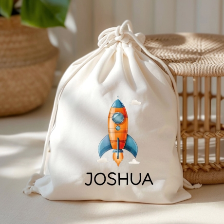 Rakete Stofftasche Personalisiert - Einkaufstasche Kinder-Beutel mit Namen als Sporttasche, Tragetasche Wechselwäsche für Kita Schule - 03