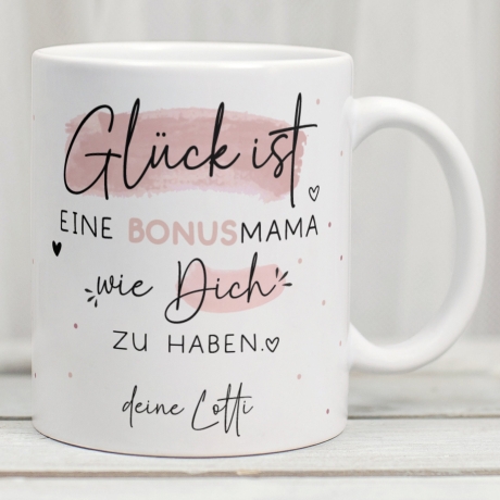 Bonusmama Muttertag personalisiert – Motiv: Glück ist eine BONUSMAMA wie dich zu haben - Geschenk zum Geburtstag, Ostern, Weihnachten