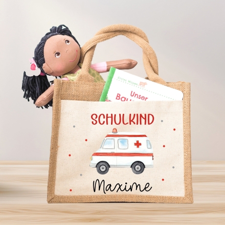 Krankenwagen Schulkind Tasche Wunschnamen 2024 | 100% Jute | RTW Rettungsfahrzeug | Geschenk Einschulung | Schultüte personalisiert | Schule