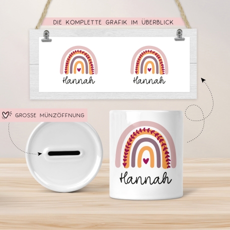 Personalisierte Spardose Regenbogen mit Namen und Datum - Rosa - Geschenk für Mädchen zum Geburtstag Weihnachten Firmung Geburt Einschulung