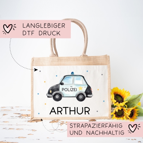Polizeiwagen mit Wunschnamen Tasche | 100% Jute | Streifenfahrzeug Streifenwagen | Geschenk zum Geburtstag, Nikolaus, Weihnachten Ostern