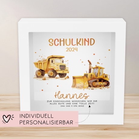 LKW & Kipper Spardose Schulkind 2024 mit Wunschname Fee Name Kind personalisiert Kinder Geburtstagsgeschenk Einschulung mit Wunschtext