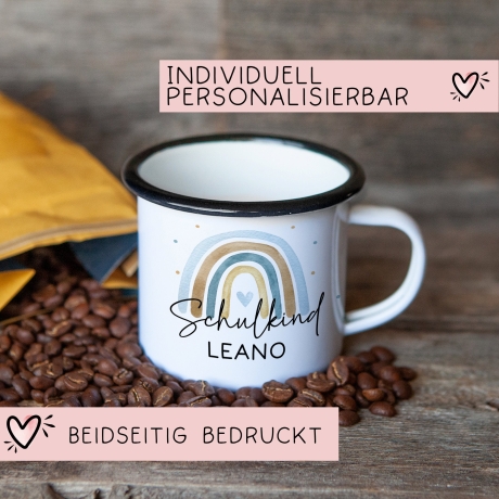 Schulanfang Schulkind Emaille Tasse Becher | Personalisiert mit Wunschnamen | Kindertasse zur Einschulung | Regenbogen im Aquarell-Stil