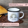 Schulanfang Schulkind Emaille Tasse Becher | Personalisiert mit Wunschnamen | Kindertasse zur Einschulung | Regenbogen im Aquarell-Stil