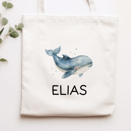 Einschulung Stofftasche mit Namen Wal personalisiert Kinder-Beutel als Sporttasche, Wechselwäsche, Stoffbeutel Kita, Schule & Kindergarten