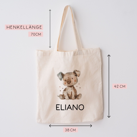 Kinder-Beutel mit Namen personalisiert - Hund - Stofftasche als Sporttasche, Wechselwäsche, Tragetasche - Kita, Kiga, Schule & Kindergarten