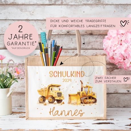 Schulkind Tasche 2024, Baustelle Kipper & LKW, Schultasche, Geschenk Einschulung, personalisierte Jutetasche, Einschulungsgeschenk