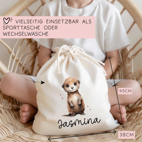 Personalisierte Stofftasche Otter Name - Kinder Beutel Kindertasche mit Wunschname - Wechselwäsche - Wechselkleidung - Tragetasche -Seeotter
