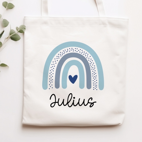 Regenbogen Blau Stofftasche Tasche Kinder-Beutel mit Namen als Sporttasche, Wechselwäsche, Tragetasche - Kita, Schule & Kindergarten - 06