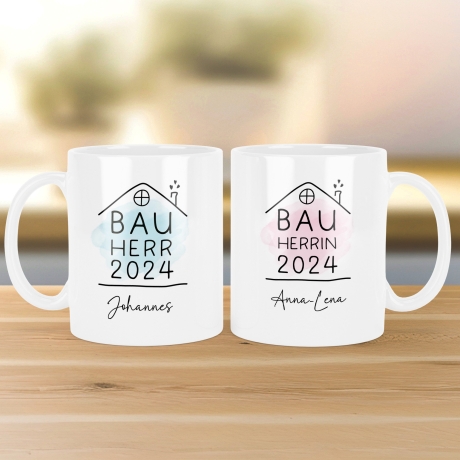 Bauherr Bauherrin Tasse 2024 Name, Richtfest Geschenk, Becher Geschenke zum Richtfest, Geschenkideen zum Hausbau Einweihung Hausbauer -330ml