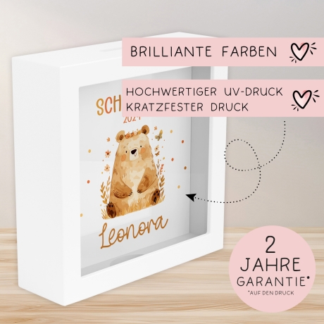 Spardose zur Einschulung Bär Schulkind 2024 mit Wunschname Name Kind personalisiert Kinder Geburtstagsgeschenk mit Wunschtext