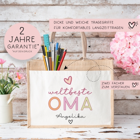 Weltbeste Oma Tasche Stoffbeutel - mit Wunschname - Einkaufstasche - Geschenkidee für deine Omi Großmutter zum Geburtstag - Personalisiert