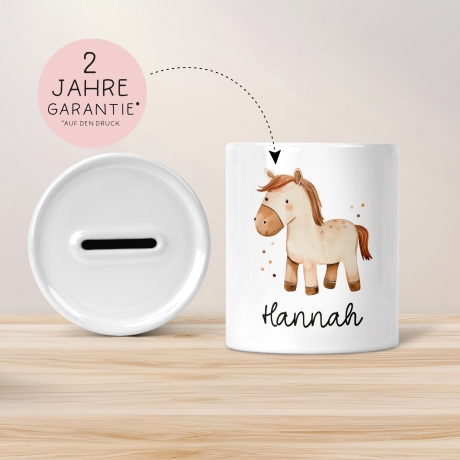 Personalisierte Kinder Spardose Pferd Tier mit Namen optional mit Datum - Braun - Geschenk für Junge & Mädchen zum Geburtstag Weihnachten