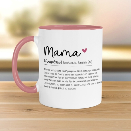 Personalisierte Tasse/Becher Geschenk Mama Muttertag mit Wunschnamen - Tasse Mama Definition Wörterbuch Duden 330 ml – Innen & Henkel - Rosa