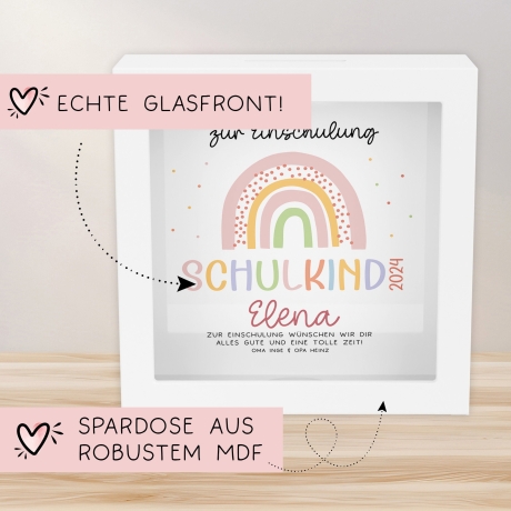 Spardose Regenbogen Rosa Boho Schulkind 2024 Einschulung mit Wunschname Name Kind personalisiert Kinder mit optionalen Wunschtext