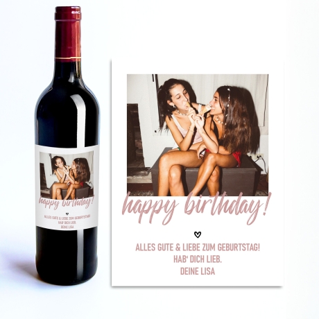 Personalisiertes Weinetikett Happy Birthday, Geburtstags-Flaschenetikett mit Foto & Namen,  ideales Geschenk mit Foto - rosa