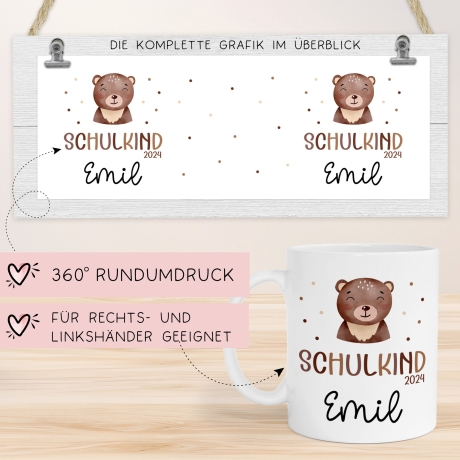 Schulkind 2024 Tasse, personalisierte Kindertasse mit Namen, Einschulungsgeschenk Bär