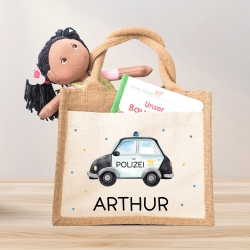 Polizeiwagen mit Wunschnamen Tasche | 100% Jute | Streifenfahrzeug Streifenwagen | Geschenk zum Geburtstag, Nikolaus, Weihnachten Ostern