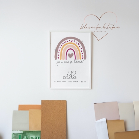 Personalisiertes Poster Geburtsposter in DIN A4 mit Regenbogen, Wunschname, Kinderzimmer Poster Name, Geschenk Baby, Geschenk zur Geburt
