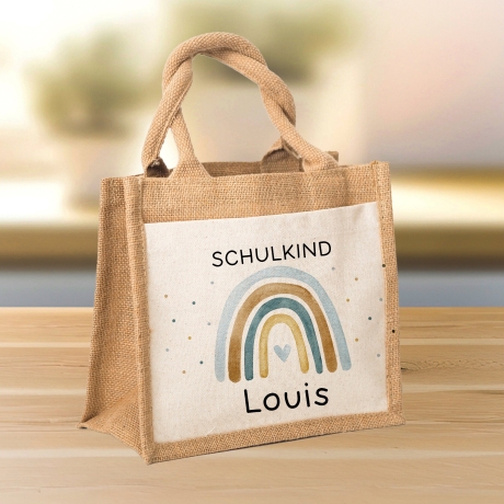 Einschulung Tasche Regenbogen Schulkind mit Wunschnamen | Jute Pocket |Personalisiert | Herz als Geschenktasche für Schulanfang - 1 Schultag