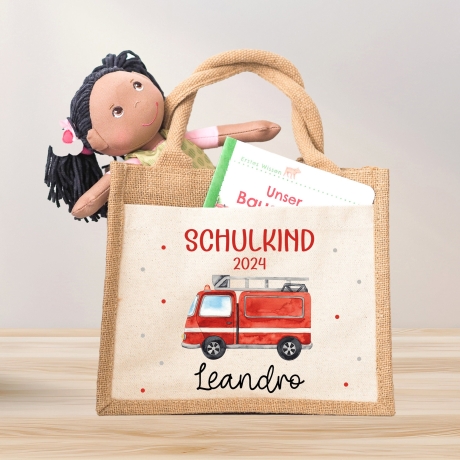 Feuerwehrauto Schulkind Tasche Wunschnamen 2024 | 100% Jute | Löschzug Brandwache | Geschenk Einschulung | Schultüte personalisiert | Schule