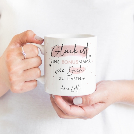 Bonusmama Muttertag personalisiert – Motiv: Glück ist eine BONUSMAMA wie dich zu haben - Geschenk zum Geburtstag, Ostern, Weihnachten