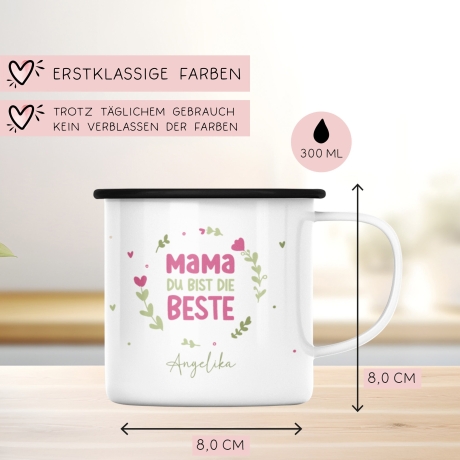 Personalisierter Emaille-Becher/Tasse zum Muttertag: Mama, du bist die Beste mit [Wunschname].Ein Geschenk für Geburtstag oder Dankeschön.