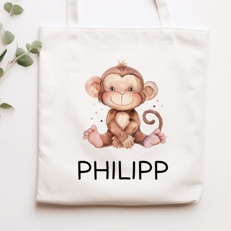 Kinder-Beutel mit Namen personalisiert - Affe - Stofftasche als Sporttasche, Wechselwäsche, Tragetasche - Kita, Kiga, Schule & Kindergarten