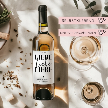 Weinlabel | Hochzeitsgeschenk | Auf die Liebe Liebe Liebe | Wein Flaschen Etikett | Personalisiert mit Namen und Datum | Geschenk Brautpaar