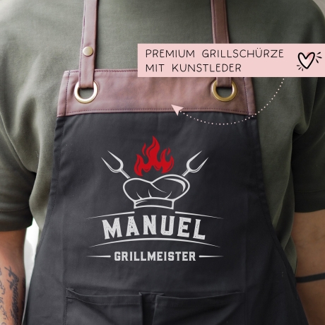 Grillmeister Grillschürze personalisiert für Männer mit Namen Kunstleder Applikation zum Geburtstag, Weihnachten Baumwollschürze, Geschenk