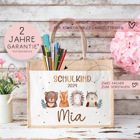 Schulkind Tasche 2024, Waldtiere Bär, Eule Fuchs Igel, Geschenk Einschulung, Schultüte, personalisierte Jutetasche, Einschulungsgeschenk