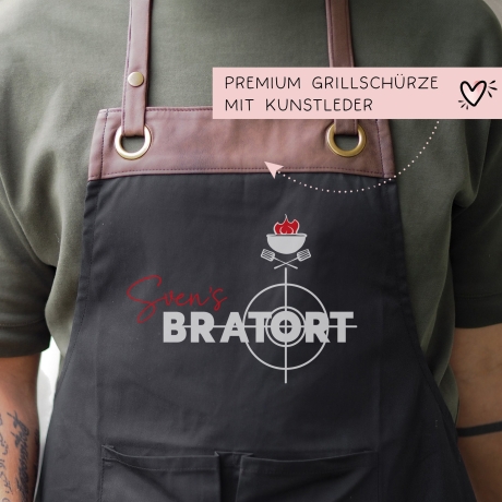 Grillschürze personalisiert Bratort für Männer mit Name & Kunstleder zum Geburtstag - Weihnachten Baumwollschürze, Küchenschürze, Schürze