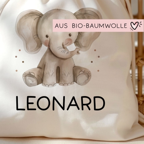 Personalisierter Turnbeutel mit einem Elefant | mit Wunschnamen | Tierkinder | Rucksack für Schule, Kindergarten, KITA und KIGA Wäschebeutel