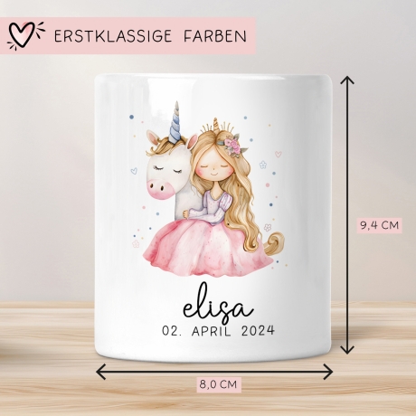 Spardose Einhorn & Prinzessin Name Personalisiert für Mädchen zum Geburtstag, Taufe Kommunion Firmung Konfirmation, Weihnachten - Keramik