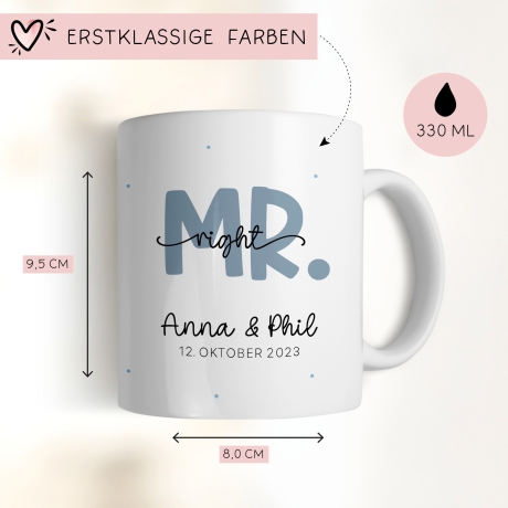 Mr & Mrs Tasse Hochzeit personalisiert Becher mit Wunschnamen und Datum – Namenstasse Hochzeitsgeschenk - Braut Bräutigam – Kaffeetasse