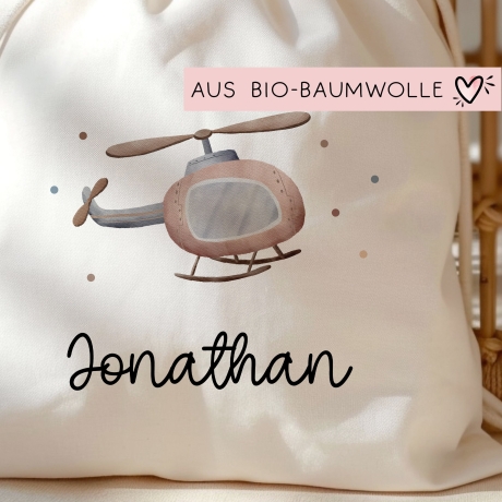 Hubschrauber Turnbeutel Rucksack mit Namen - GymBag als Wäschebeutel, Sportbeutel Kinderbeutel für Schule, Kindergarten, Kita.Personalisiert