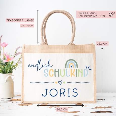 Endlich Schulkind 2024 personalisiert mit Namen Tasche Schultasche, Geschenk Einschulung, personalisierte Jutetasche, Einschulungsgeschenk