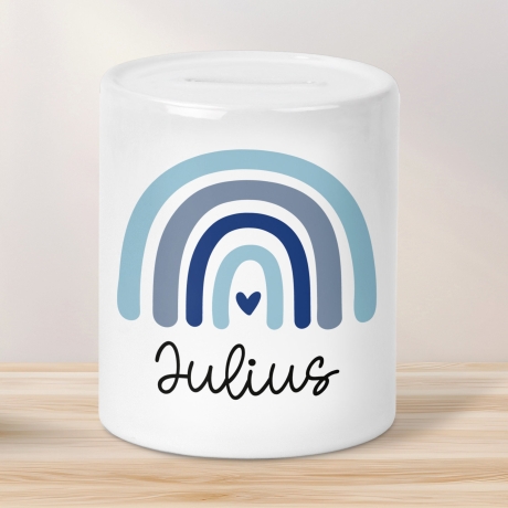 Personalisierte Spardose Regenbogen mit Namen und Datum - Blau - Geschenk für Junge zum Geburtstag Weihnachten Firmung Geburt Einschulung