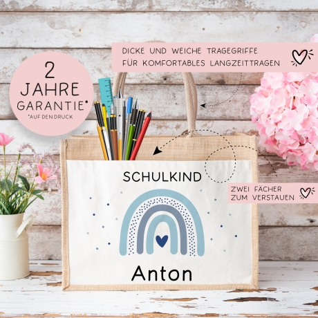 Einschulung - Personalisierte Jute Pocket Tasche | mit Wunschnamen | Schulkind Regenbogen Herz | Blau | als Geschenktasche für Schulanfang