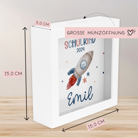 Einschulung Spardose Rakete Schulkind 2024 mit Wunschname Name Kind personalisiert Kinder Geburtstagsgeschenk mit Wunschtext