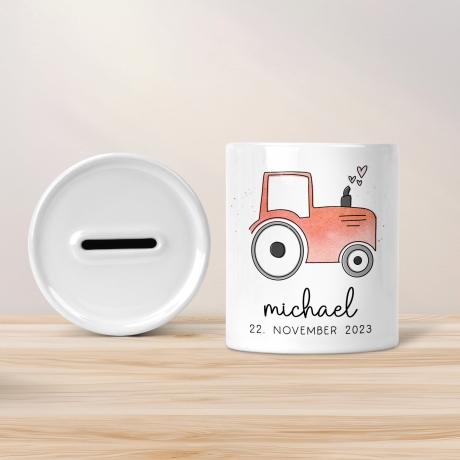 Personalisierte Spardose Trecker Traktor Rot mit Wunschname - Sparschwein -Geschenk-Geburtstag-Weihnachten-Geldgeschenk mit Wunschtext