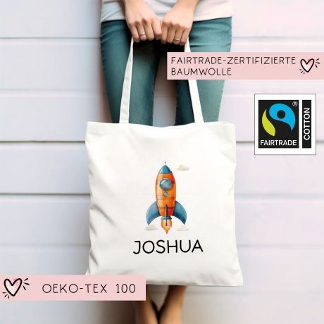 Rakete Stofftasche Personalisiert - Einkaufstasche Kinder-Beutel mit Namen als Sporttasche, Tragetasche Wechselwäsche für Kita Schule - 03
