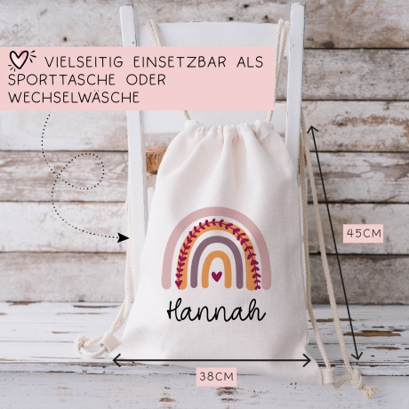 Personalisierter Turnbeutel aus Bio-Baumwolle | Mit Ihrem Wunsch-Namen | Regenbogen-Design. Perfekt als Rucksack für Schule und Kindergarten