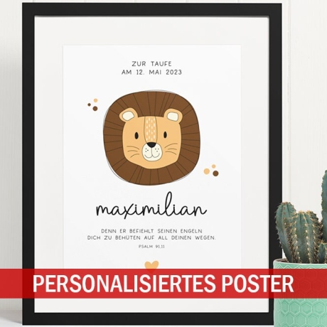 Personalisiertes Poster zur Taufe mit eigenen Namen und Taufspruch mit einem Löwen| Taufposter| Geschenk zur Taufe | Geschenk für Patenkind