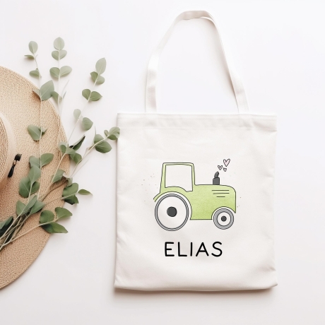 Traktor Grün Baumwolltasche Stofftasche Name - Kinder Beutel Jutetasche Kindertasche & Wunschname - Wechselwäsche - Tragetasche - Jutebeutel