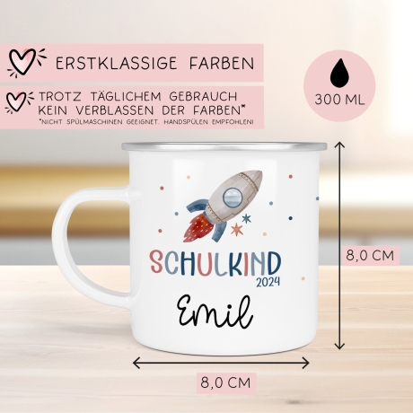 Schulanfang Kindertasse Schulkind Name Emaille Tasse Kind Kindergeschirr personalisiert Kinder Hubschrauber LKW Rakete Regenbogen Bär Ufo