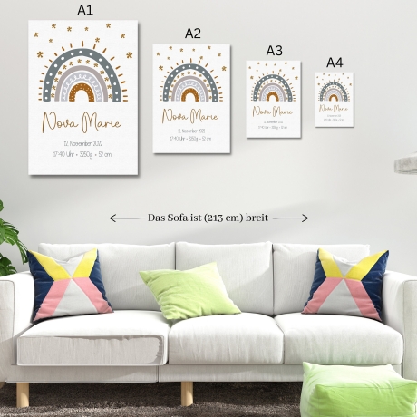 Personalisiertes Poster Geburtsposter in DIN A4 mit Regenbogen, Wunschname, Kinderzimmer Poster Name, Geschenk Baby, Geschenk zur Geburt
