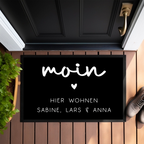 Personalisierte Fußmatte - Fussmatte mit Wunschnamen | Moin - Hier wohnen | 60 x 40 cm | Geschenkidee zum Umzug, Einzug für Familien, Umzug