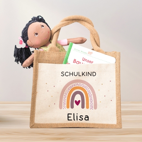 Einschulung Jute Pocket Tasche Personalisiert mit Wunschnamen | Schulkind Regenbogen Herz als Geschenktasche für Schulanfang - 1 Schultag