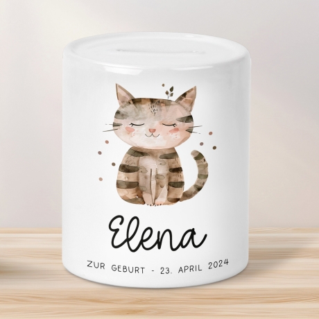 Personalisierte Kinder Spardose Katze Tier mit Namen optional mit Datum - Braun - Geschenk für Junge & Mädchen zum Geburtstag Weihnachten